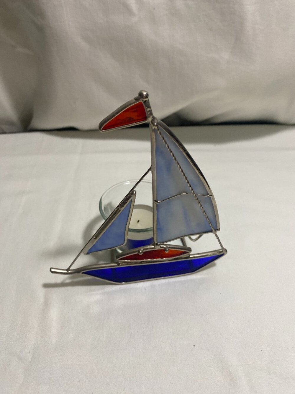 Stained Glass Sailboat Tealight Candle Holder Blue Red Nautical Decor 6.5"